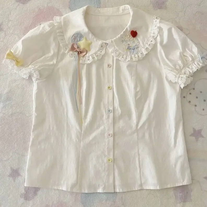 Onalippa Summer New Color Button Star Embroidered Short Sleeved Shirt Women Sweet Cute Butterfly Bow Versatile Doll Collar Top