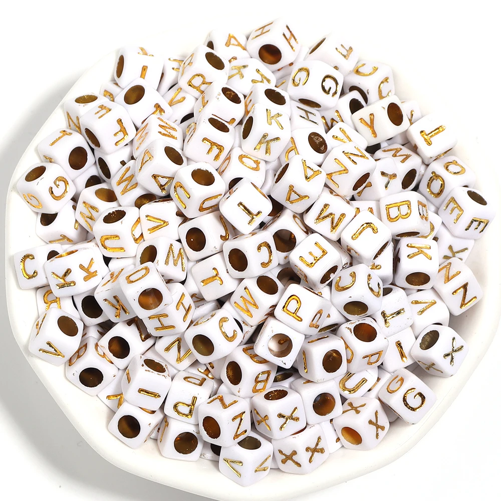 100 Stück/Lot Weißgold Acryl Quadratische Alphabet-Perlen mit Großem Loch, Lose Buchstaben-Abstandhalter-Perlen für DIY Schmuckherstellung und Bastelzubehör – Detail 2