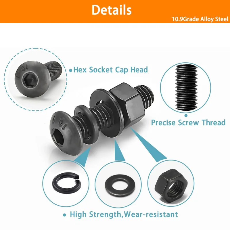2000 ชิ้น M2-M5 Hex หัวปุ่มสกรูชุดเมตริก Bolts Nuts ล็อคแบนเครื่องซักผ้า, 10.9 โลหะผสมเหล็ก Fastener ชุดกล่อง