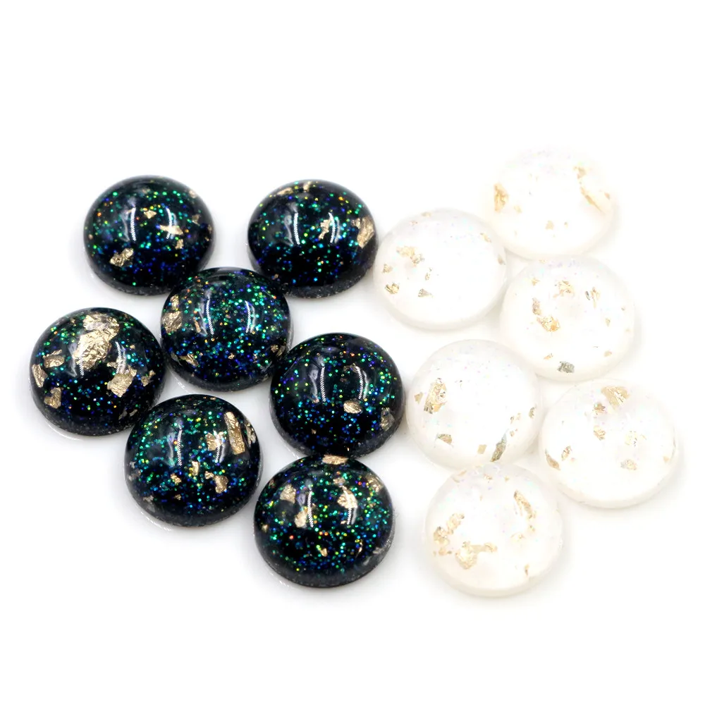 New Style 40pcs 8mm 10mm Black White Built-in Gold Color leaf Style Flat back Resin Cabochons Fit 8/10mm Cameo Base Cabochons