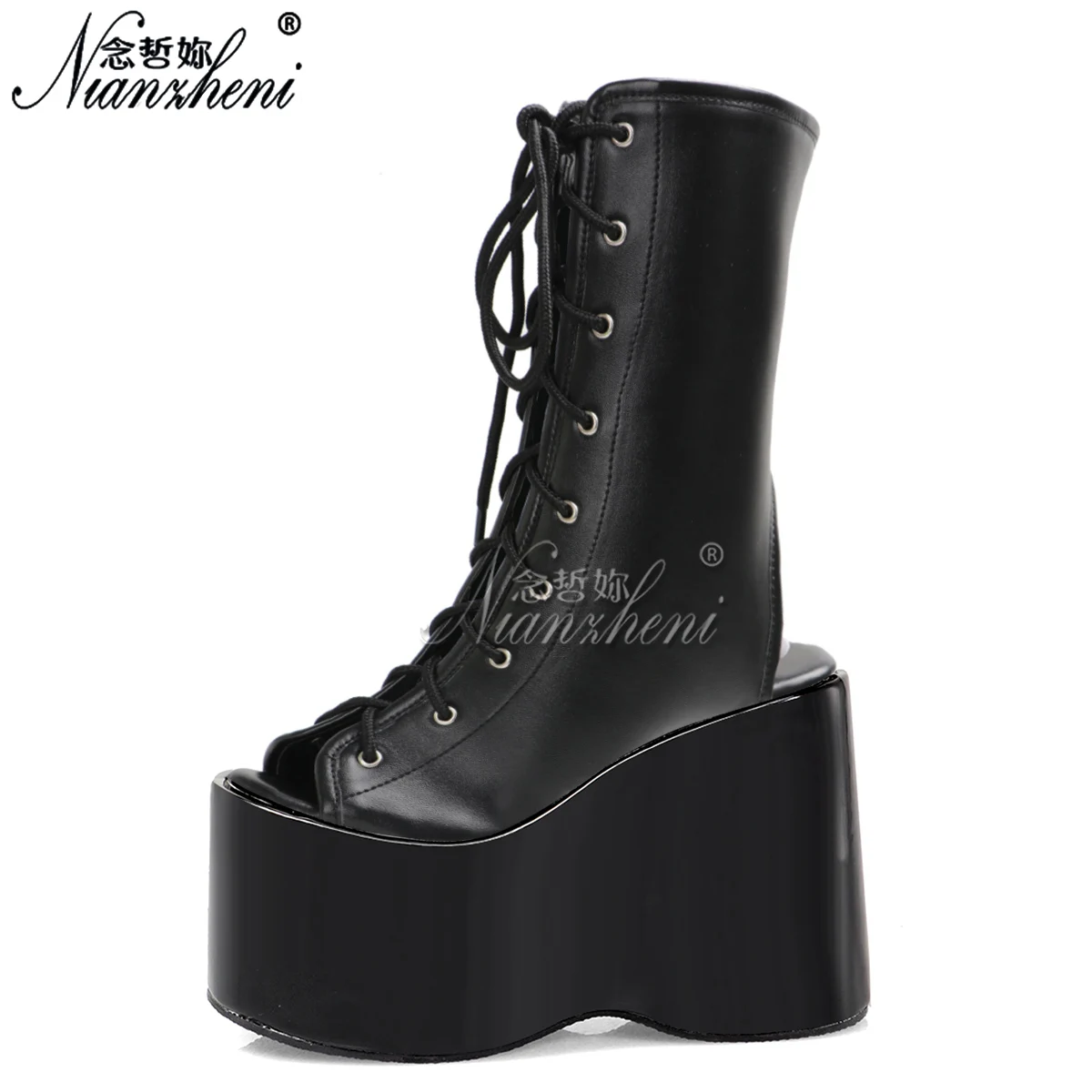 

Novelty 5inches High Heels ankle boots Open Toe 12cm Matte wedges stage sexy gothic punk custom Cross dressing platform club