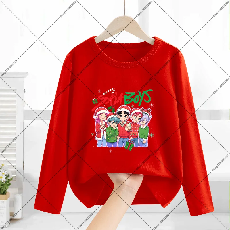 Kpop Demon Hunters Christmas Long Sleeves Boys Girls Thin Clothes Xmas Cartoon and Anime Pattern Printed T-shirt Festive Tops
