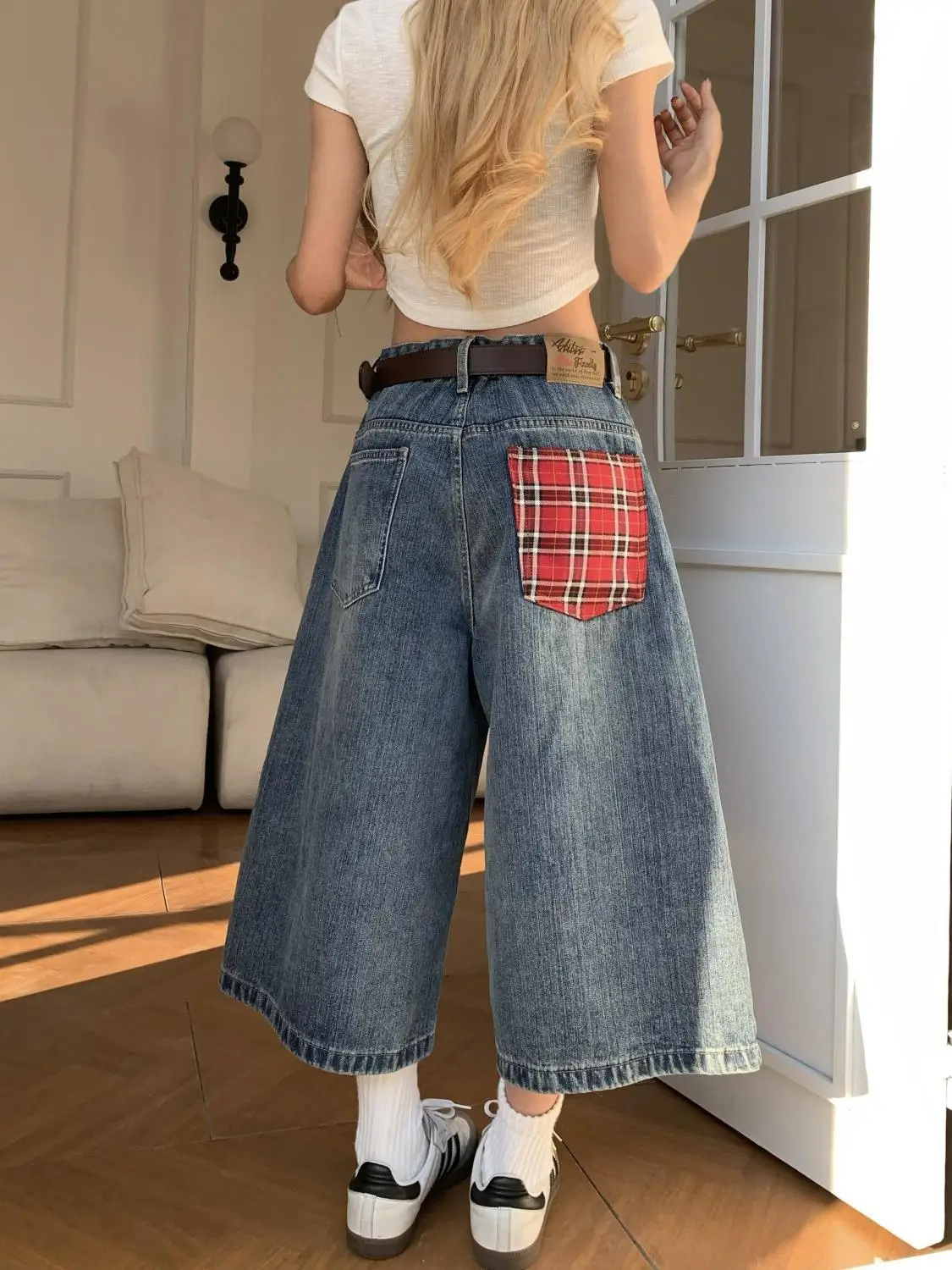 

Американские ретро клетчатые широкие короткие джинсы для женщин, свободные и повседневные прямые утягивающие брюки с высокой талией для мужчин и женщин