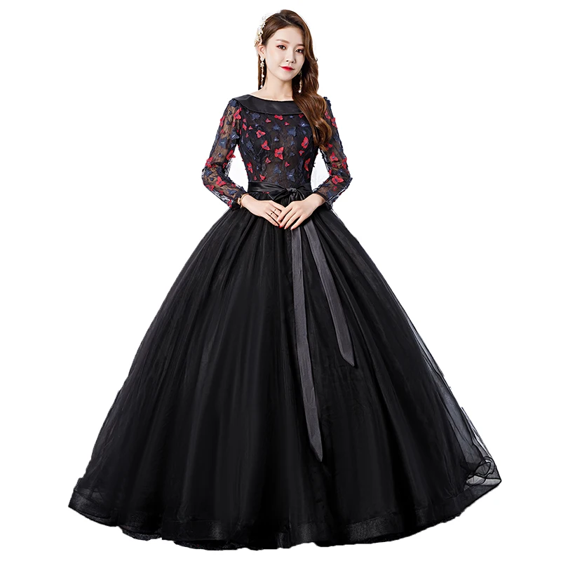 Illusion Langen Ärmeln Quinceanera Kleider Spitze Blumen Scoop Neck Ballkleid Klassische Schwarz bodenlangen Vestidos De 15 Mit gürtel