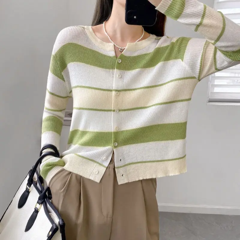 

Women Clothes Spring Autumn Fashion Simplicity Striped Color Blocking Knitting Ladies All-match Temperament Loose Cardigan Top