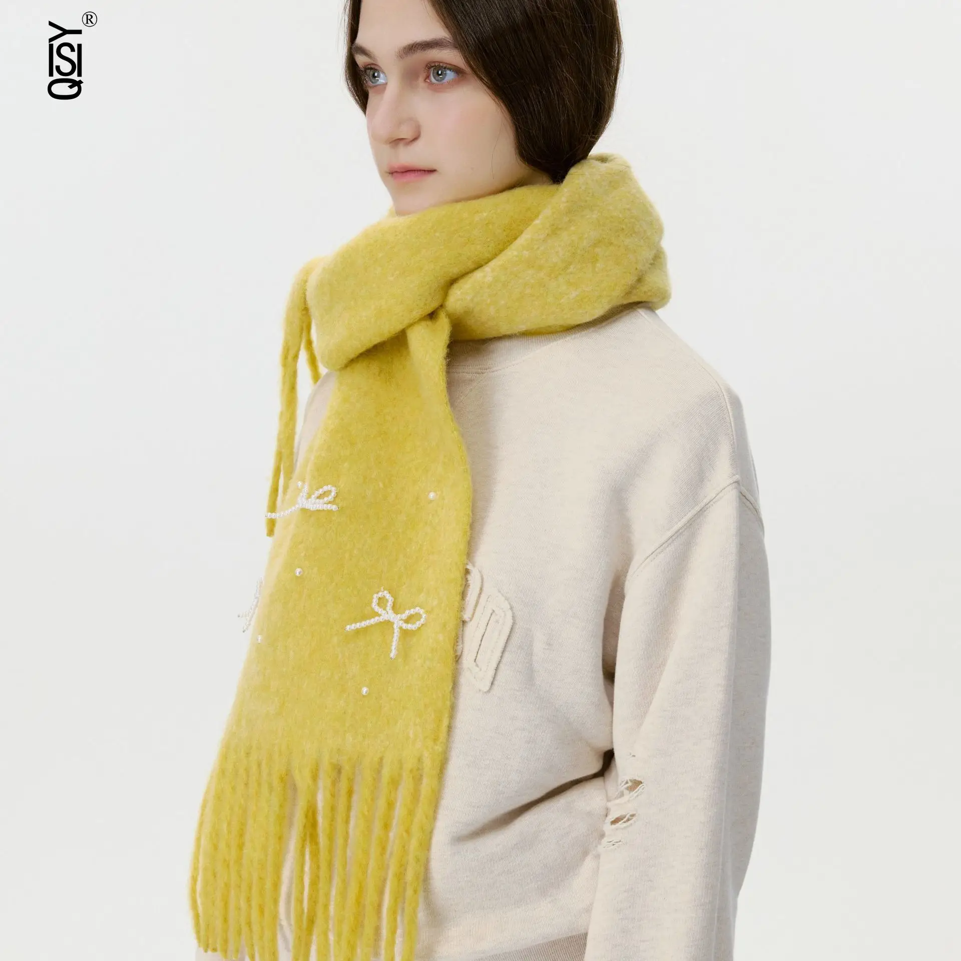 وشاح من الصوف ذو اللون الصلب المطرز على شكل فيونكة كلاسيكية، وشاح ورقبة شتوي دافئ للنساء