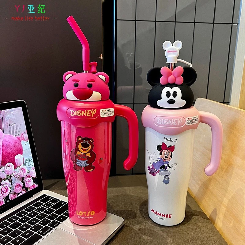 

Cute Mickey Mouse Insulated Cup, Portable Handle Straw Tumbler Mega Car Mug