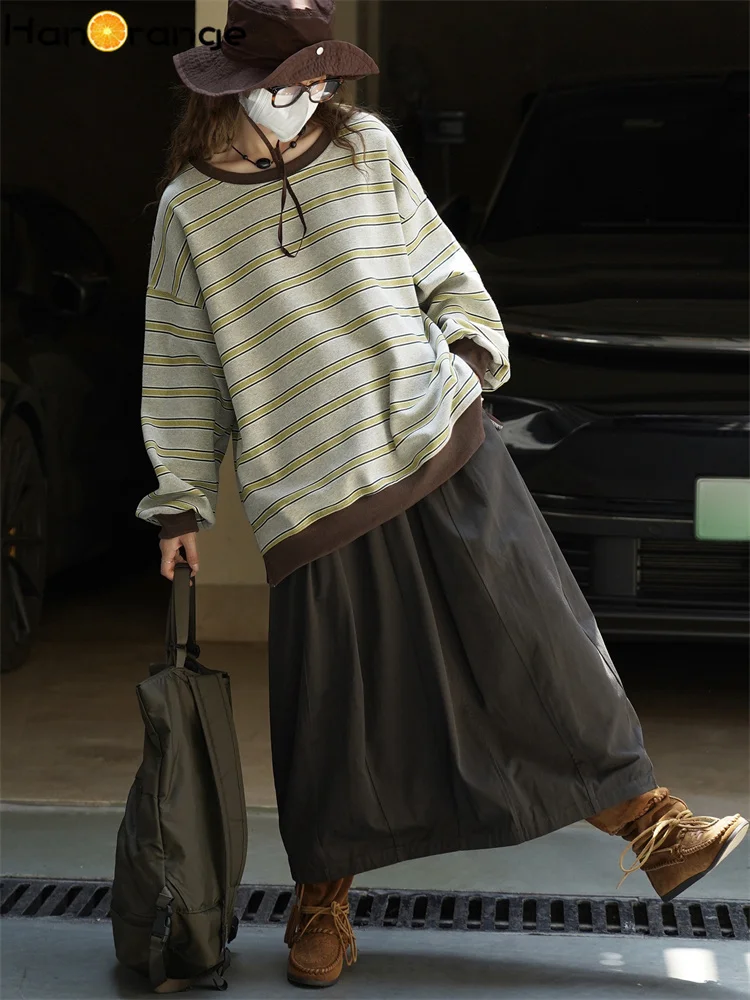 HanOrange 2025 Autumn Fashion Contrasting Bold Stripes Sweatshirt Women Loose Silhouette Top Gray