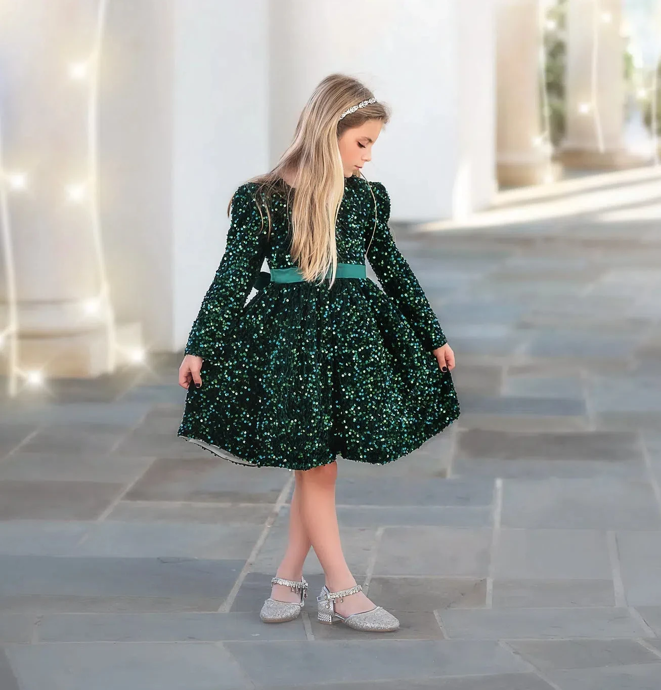 

Sequin Dress Emerald Girls dress long sleeve sequin princess dress V neck knee length