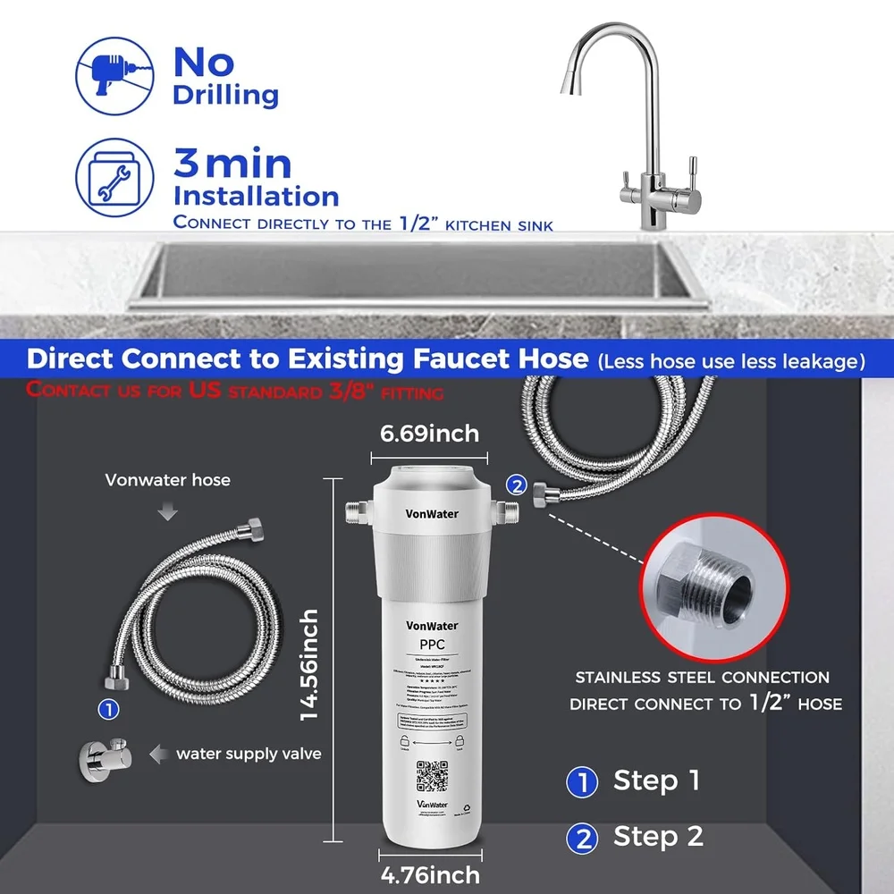 Under Sink Water Filter System 18000 Gallons Direct Connect 1/2 inch Kitchen Faucet Filtration Filters Odor Reduction Fast Flow