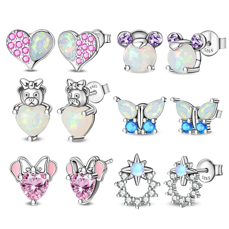 

100% 925 Stering Silver Opal Stud Earrings mini mouse butterfly Star Piercing Studs Earring For Women Girls Party Fine Jewelry