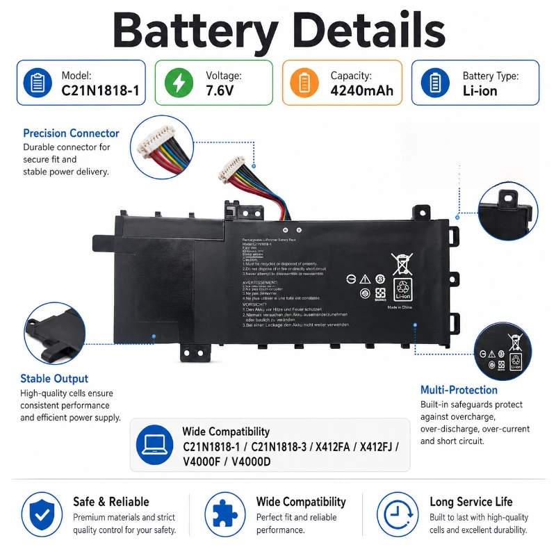 Compatible C21N1818-1 C21N1818-3 7.6V 4240mAh Li-ion Replacement Battery for X412FA X412FJ V4000F V4000D Notebook Battery Pack