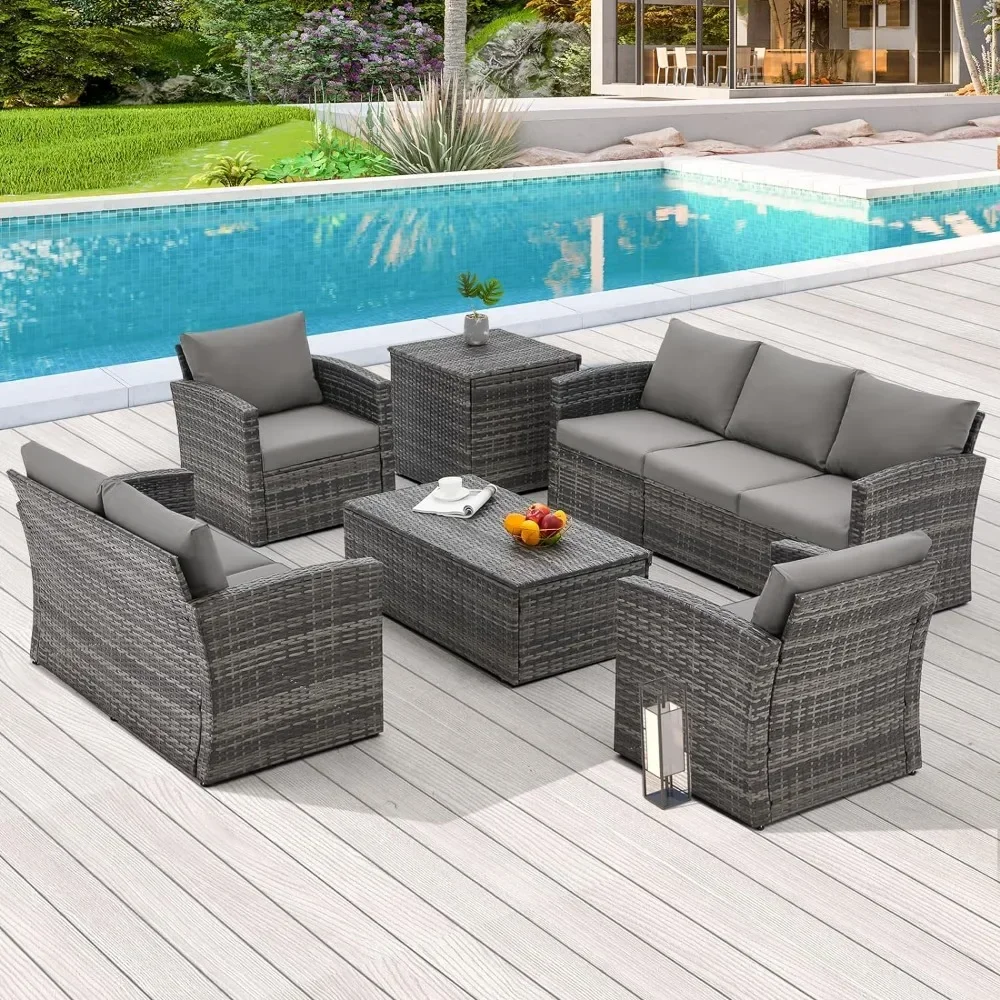 7 Piece Outdoor Patio Furniture Set with Storage Box, Outdoor Conversation Set All Weather PE Wicker Sectional Sofa Patio Sofa