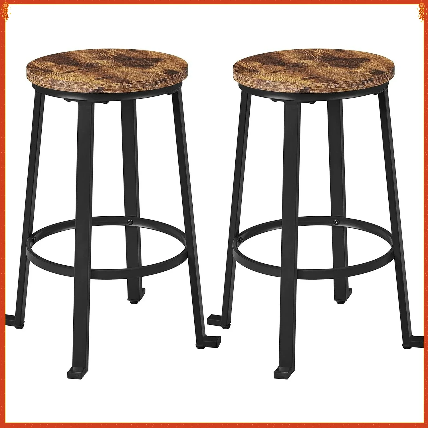 Banco de bar estilo industrial de 24", banco redondo marrom sem encosto com pernas e apoio para os pés de metal resistente, para bar, pub, caverna masculina