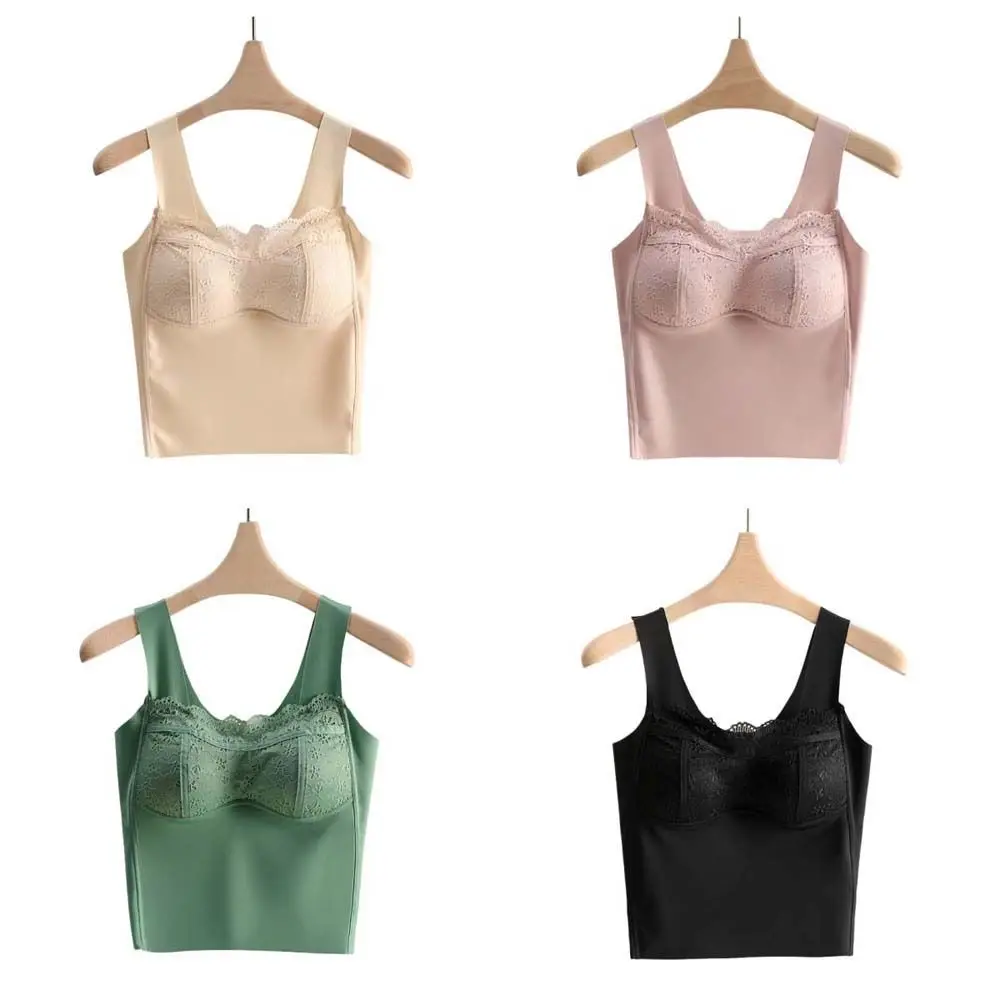 Com almofada no peito renda camisola de seda gelo não traço cor sólida cetim gelo seda espartilho fino ajuste sem mangas colheita topos viagem