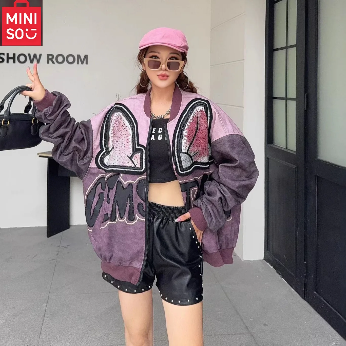 

MINISO denim jacket, women's western-style high-end feel, patchwork sequins cartoon jacket, hip-hop fashion brand top