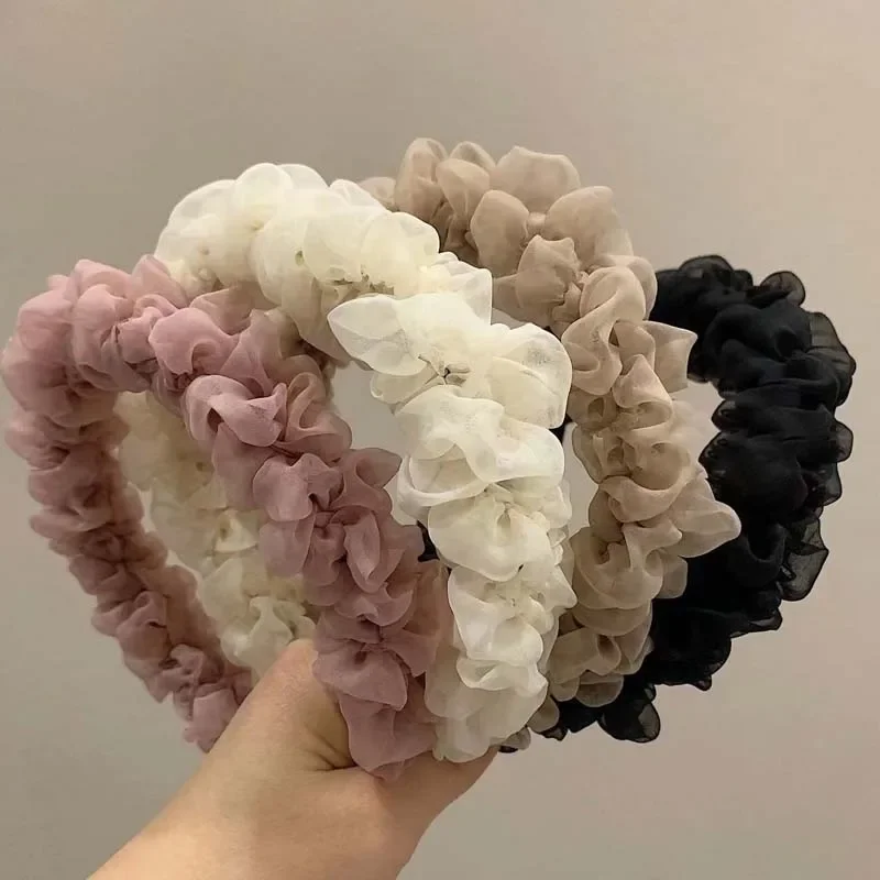 

New Fashion Women Headband Wide Side Mesh Flower Hairband Pleated Turban Casual Soft Headwear Hair Accessories