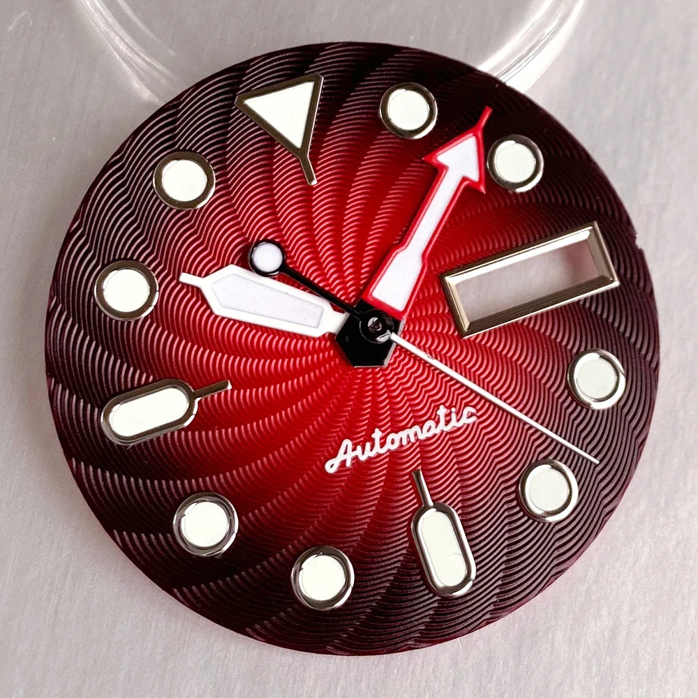 Nologo 29mm Red Automatic Watch Dial Face Hands Set NH36A Movement Diving Men Date Week Display Luminous Marks Watch Parts