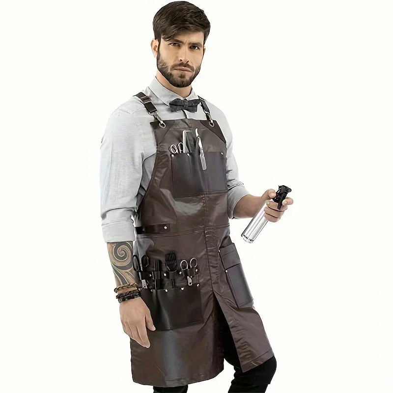 

Kitchen Barber Barbershop Hairdresser Catering Baking Thickened Work Uniform Multiple Pu Leather Pockets Waterproof Apron