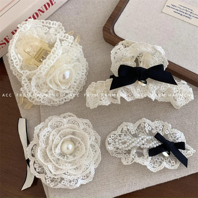 Spring Summer Lace Flower Pearl Bow Hair Clip Scrunchie for Women Girls High Quality Fashion Korean Delicate Hairpin Headdress