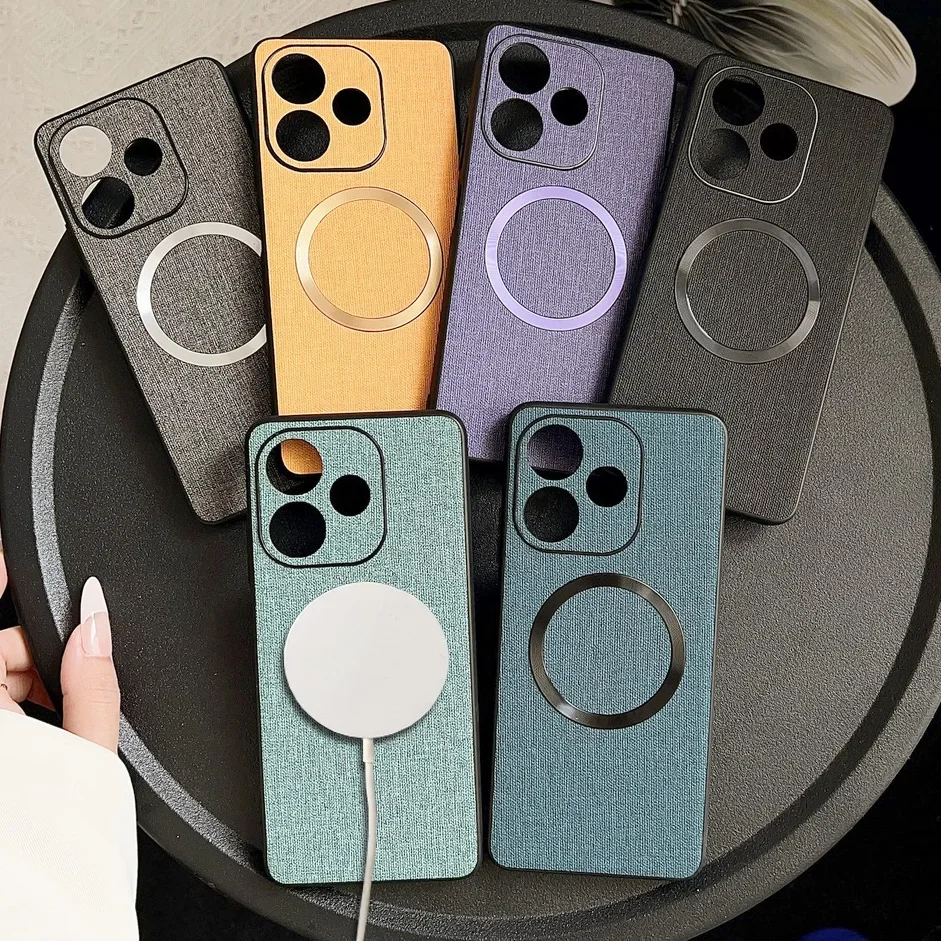 

Магнитный однотонный кожаный чехол Magsafe для OPPO A5 Pro F29 Pro OPPO Find X8 Ultra X8 Pro, роскошный тканевый чехол для беспроводной зарядки