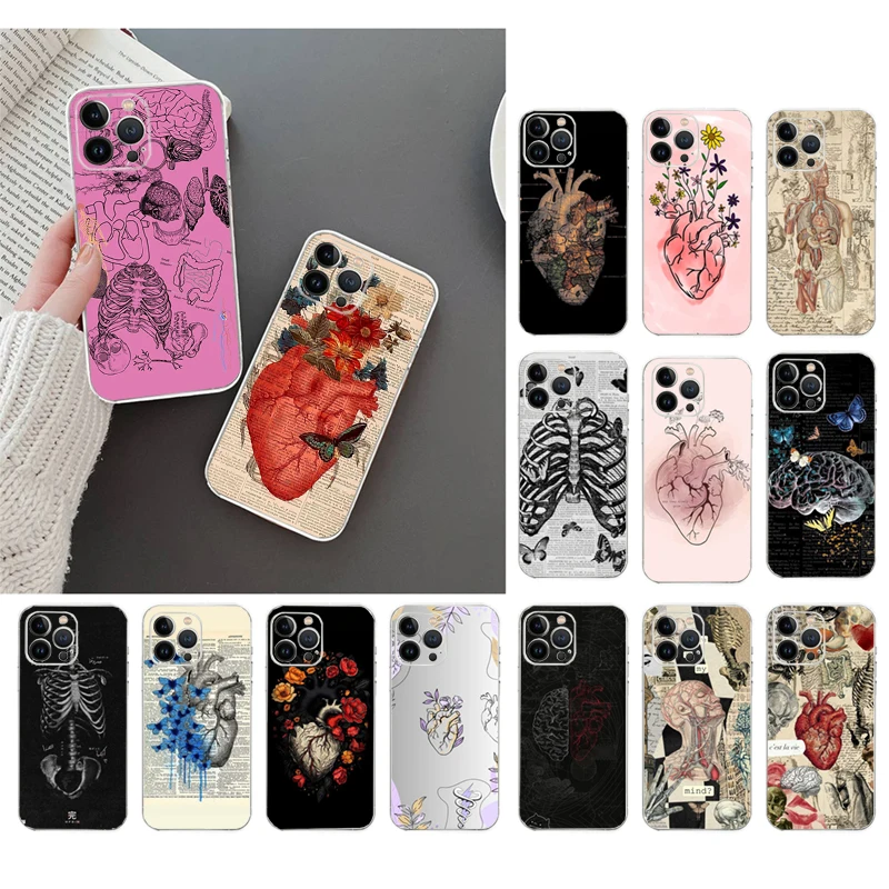 Heart Anatomy Skull Bones Phone Case For iphone 15 14 Pro Max 13 12 11 Pro Max XSMax XR 12 13 mini 14 Plus