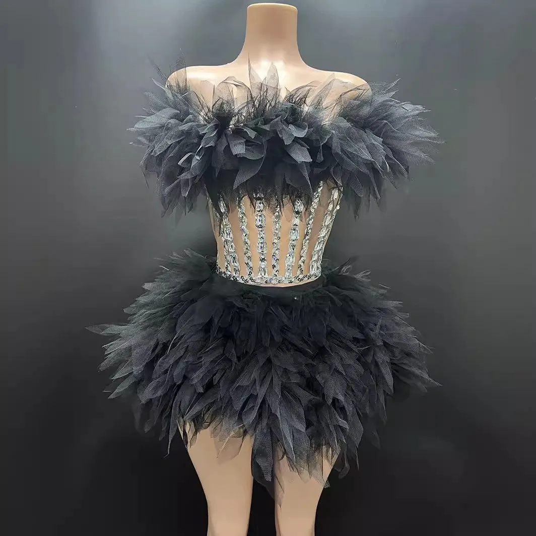 

Fmxires 2025 New Luxury Fashion Costume bar Valentine's Day powder puff gauze skirt diamond dress female singer and dance team