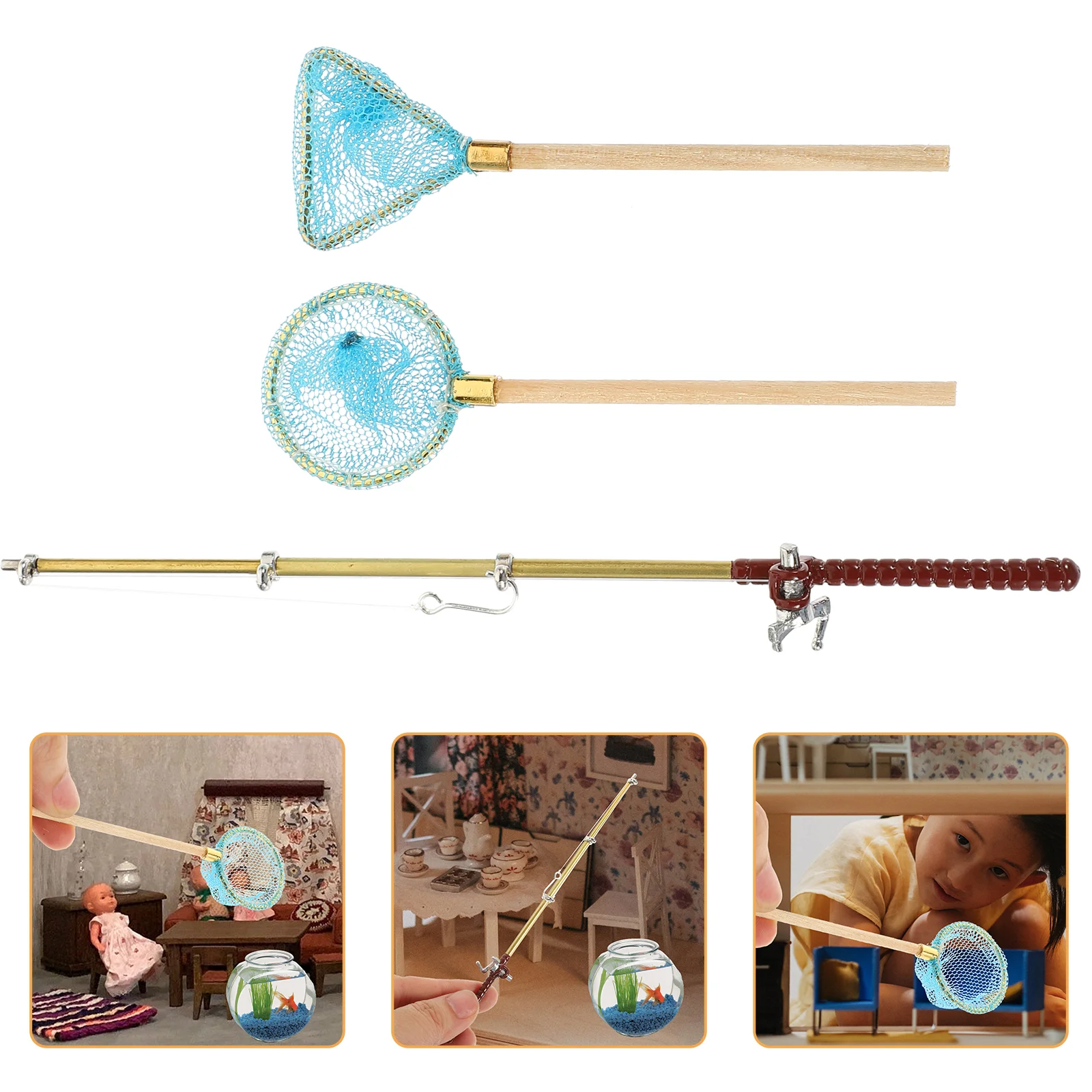 Mini Fishing Rod Toy Net Decor Miniature Scene Adornments Decorative Small House Supplies Supply Network Accessories Child