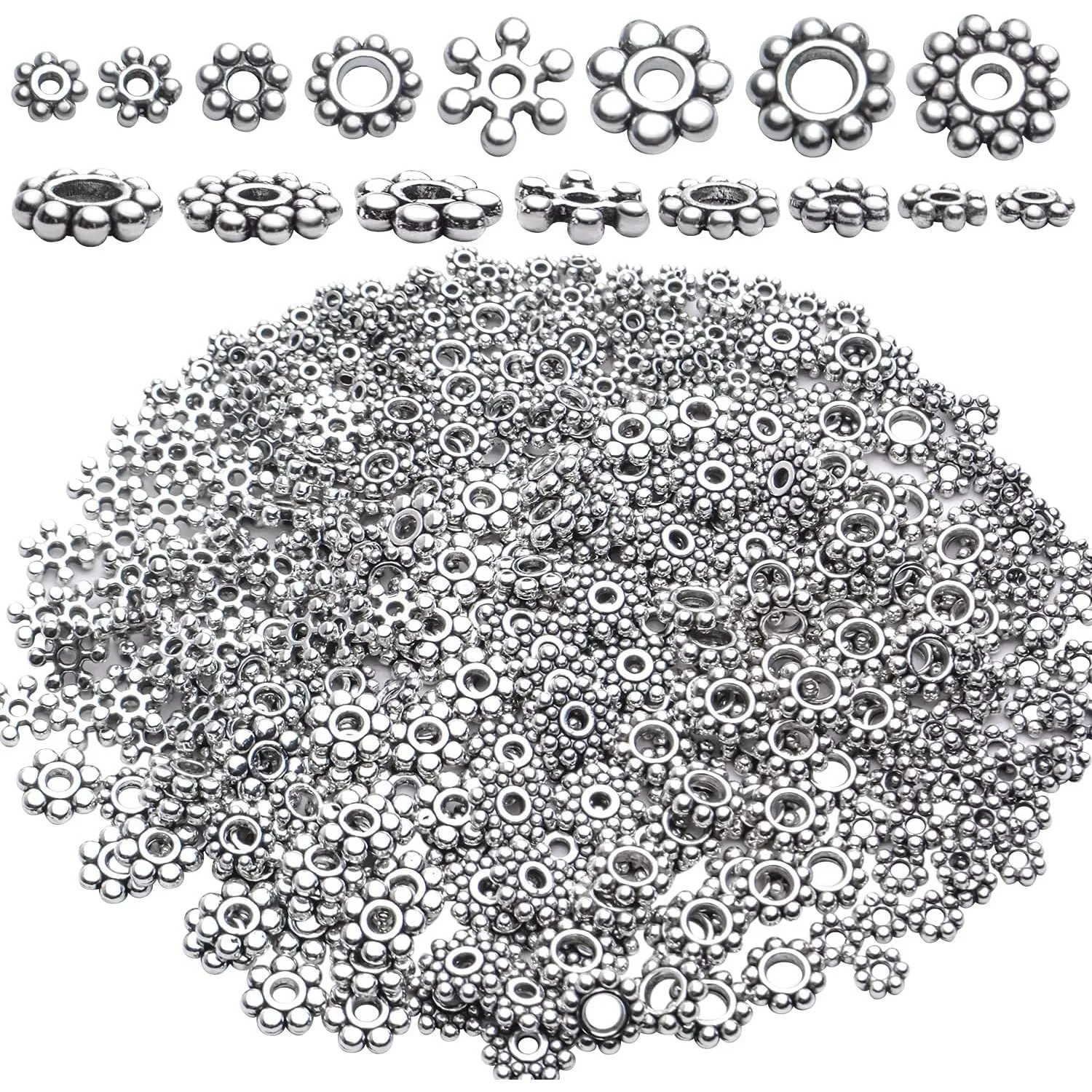 

400pcs Tibetan Silver Snowflake Spacer Beads Assorted Daisy Spacer Beads Metal Spacers for DIY Jewelry Making, 8 Styles