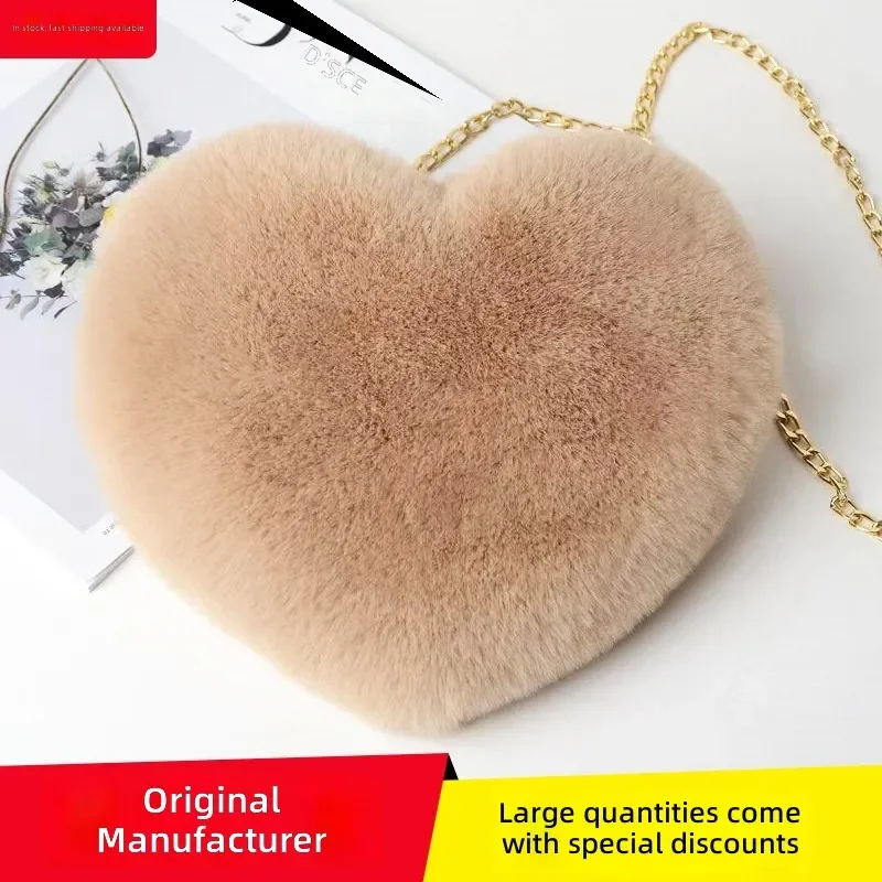 Bolso bandolera con forma de corazón, de felpa, imitación de piel de conejo, con cadena gruesa, bolso cruzado de hombro, estilo versátil para niñas