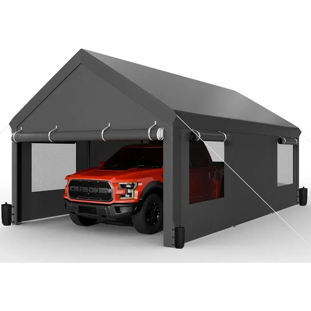 

Carport with roll-up windows, portable garage with removable side walls and doors, carport with sandbags and tarps for cars