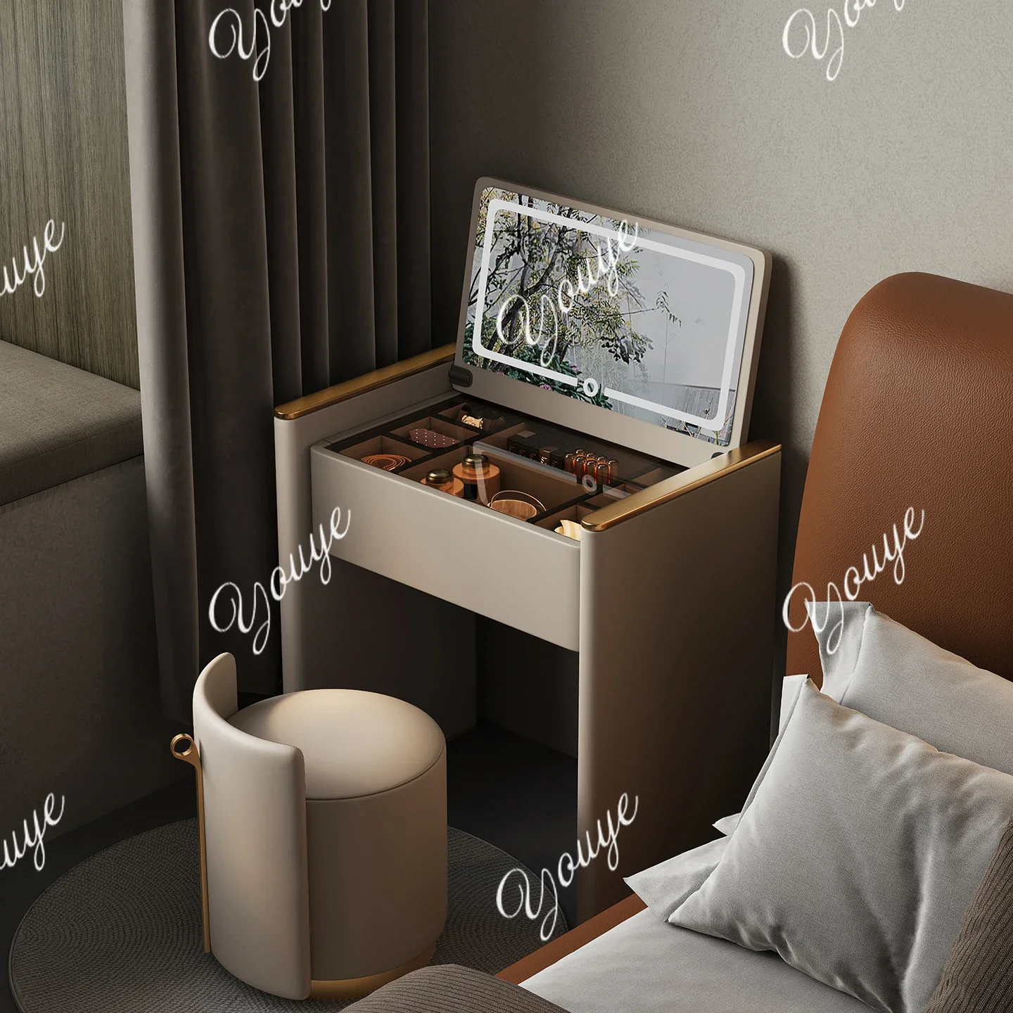 XM Italian Light Luxury Dresser Makeup Table Bedroom Minimalist Flip Mirror With Lamp Premium Storage Dressing Table