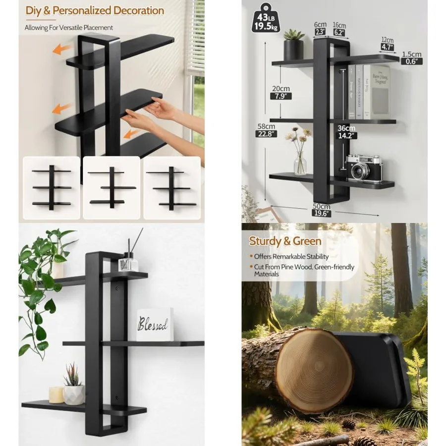 

Floating Shelves for Wall Mounted Shelving Unit All Pine Wood 3 Tier Large Shelf for Bedroom Living Room Office Bathroom Home D