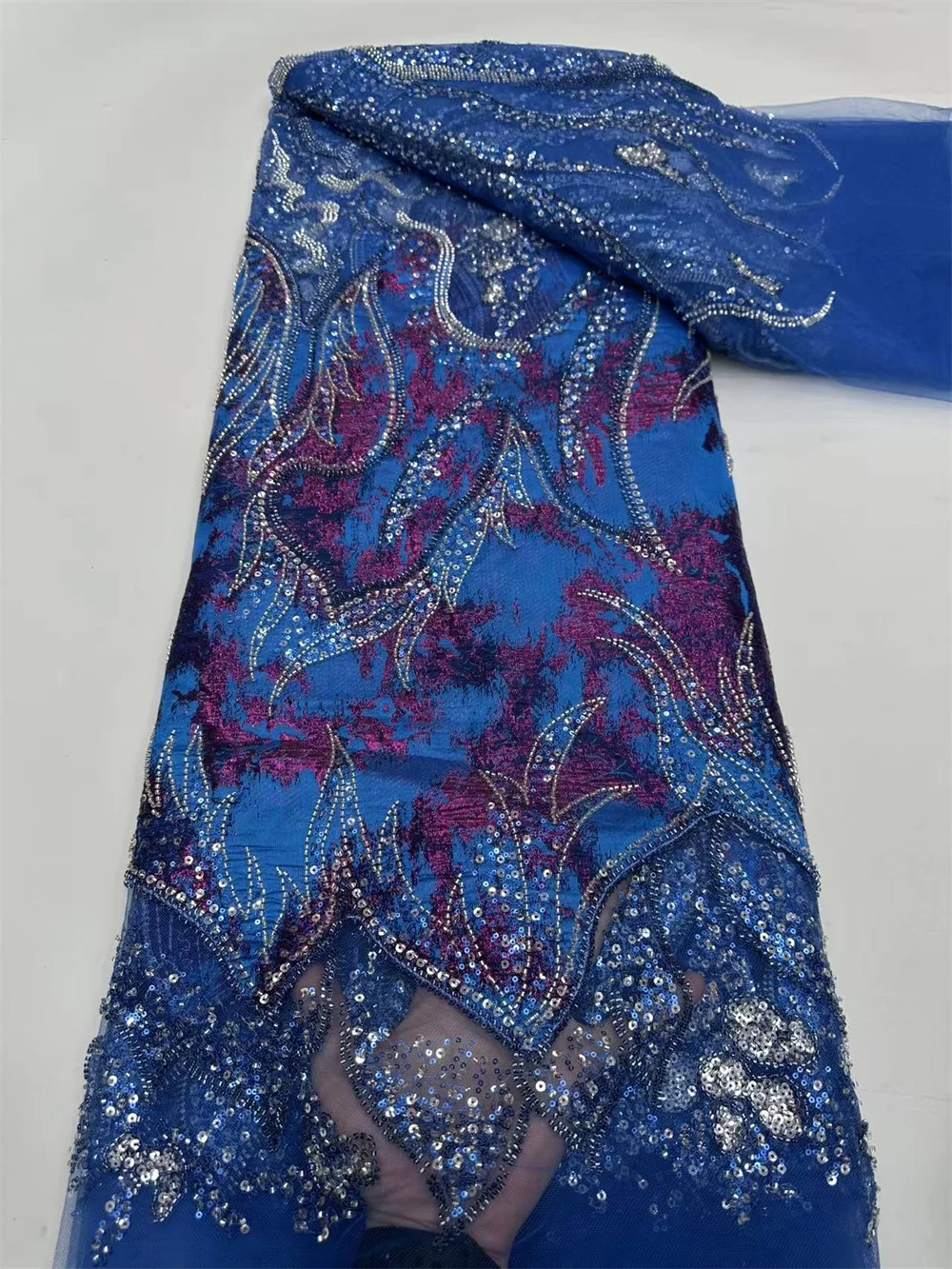

Luxury High Quality African Bead 5 Yards Nigerian Velvet Lace Fabric Sequins Embroidery French Tulle Wedding Party Dress A1261-1
