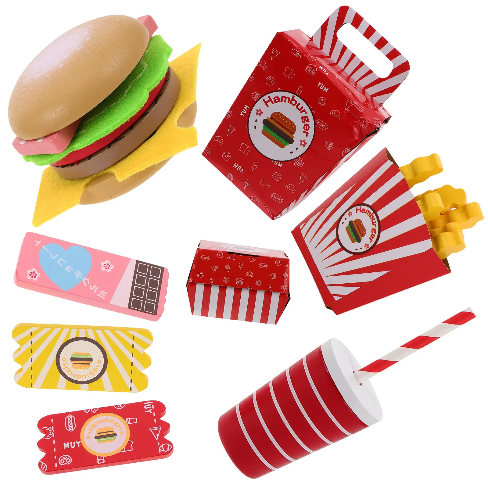 

Wooden Pretend Play Food Set Realistic Hamburger Fries Family Role Play for Kids Restaurant Simulation Playhouse