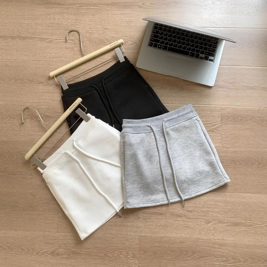 Grey Casual Versatile Short Skirt Women's Summer Drawstring Sweatshirt Dress High Waist Slimming Outerwear Wraparound Skirt A...
