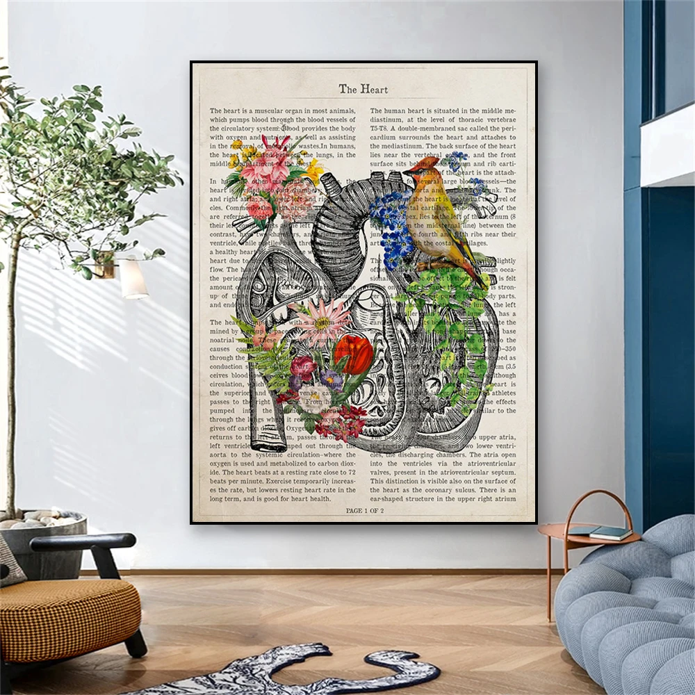 Heart with Flowers Anatomy Print Heart Poster Medicine Cardiology Art Canvas Painting Medical School Hospital Office Decoration