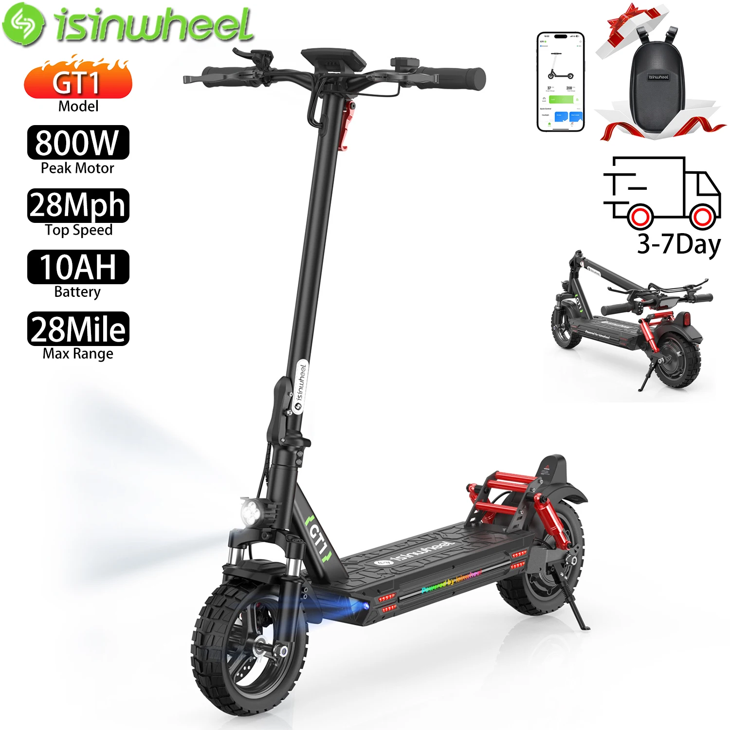 

Электрический самокат для взрослых Isinwheel 10 дюймов с двигателем 800 Вт, верхняя скорость, 28 миль в час, подключение через приложение для электронного скутера, диапазон 10 Ач, нагрузка 28 миль, 330 фунтов
