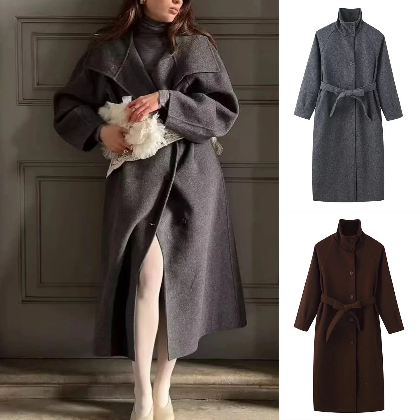 

Winter New Women's Commuter Sle Single-Button Stand Collar Long Sve Knot Belted Mid-Length Woolen Coat