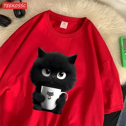 Summer Cotton Women'S T-Shirts A Kitten Holding Cup Printing Streetwear Breathable O-Neck Loose Casual Street Female Clothes