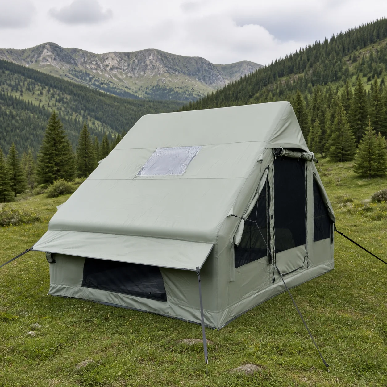 Heavy Duty 600D Oxford Inflatable Camping Tent 6.3sqm Olive Green Waterproof Quick Setup Air Beam Family Tent House