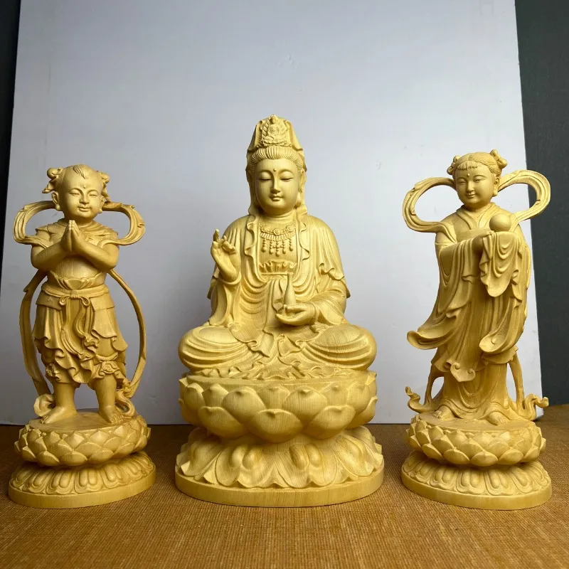 Hand Carved Hinoki Wood Guanyin Statue Set (3pcs) w/ Golden Boy Jade Girl - Bodhisattva Spiritual Ornament Home Temple Altar