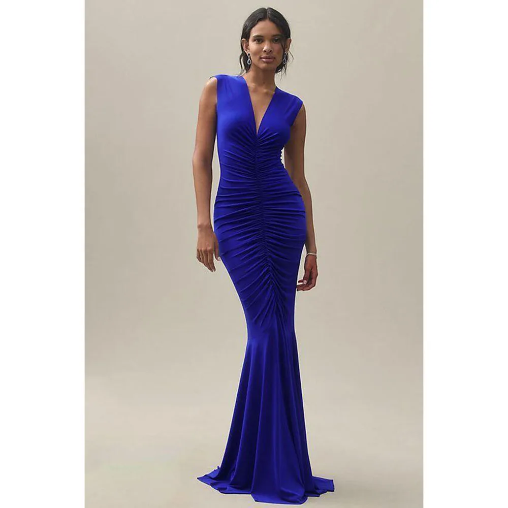 

Elegant Sexy Blue Evening Dresses V Neck Sleeveless High Quality Mermaid Banquet Celebrity Female Gowns Classic Simple