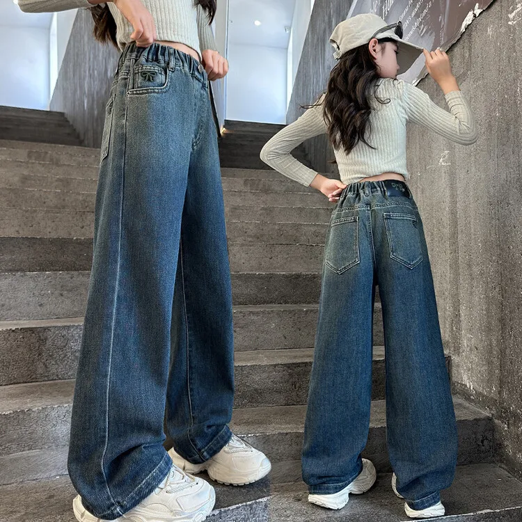 

Spring Autumn Girls Wide Leg Jeans Pants Fashion Straight Cut Long Trousers Trendy Fall Outfit for Big Kids