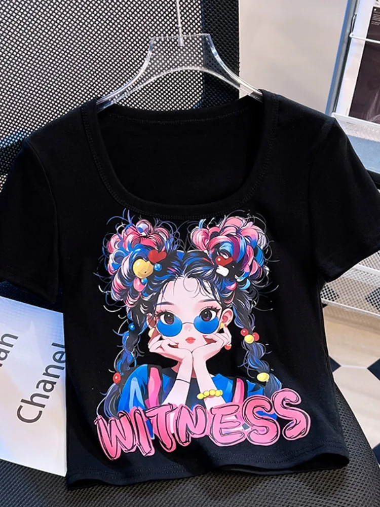 Zomer ort Sve U-Ne T-shirt Dames Puur Katoen Slim Fit ort Lengte Print Top Koreaanse Sle Pendelen Faion