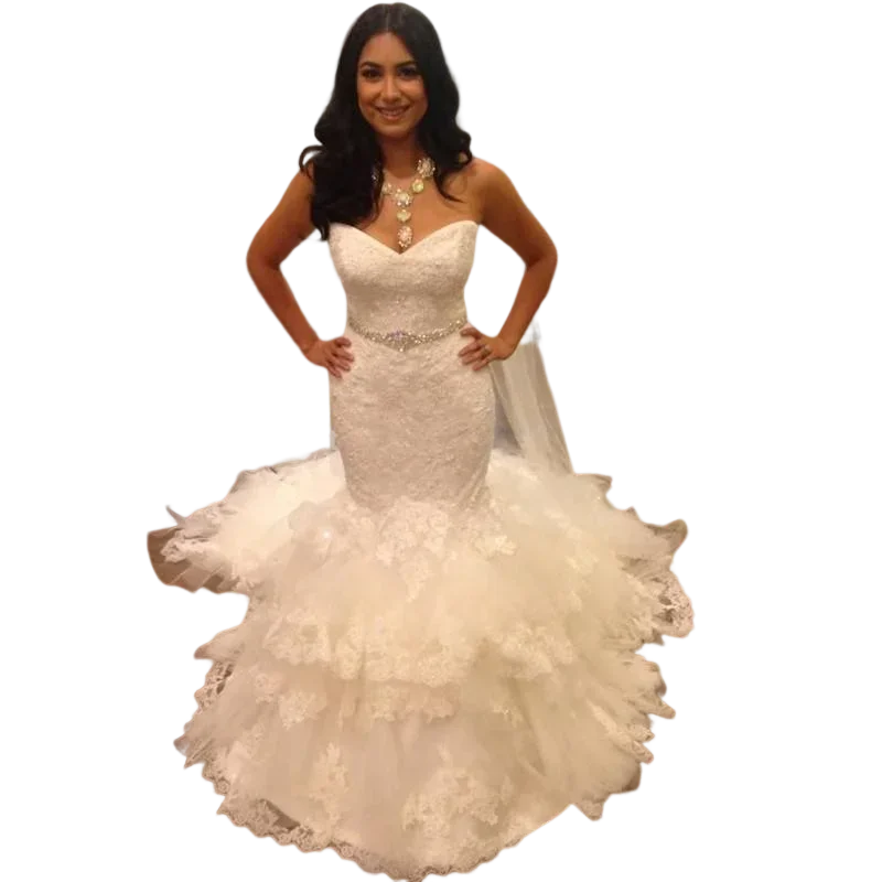 Dostosowane koronkowe aplikacje w stylu vintage suknia ślubna syrenka Sweetheart wyszywane koralikami pas wielowarstwowa koronkowa suknia panny młodej Vestidos De Noivas