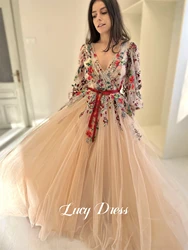 V-neck Graduation Dress Flower Mesh Yarn Ball Wedding Party A-line Women's Day Dresses With Long Sleeves Evening Gown Customized