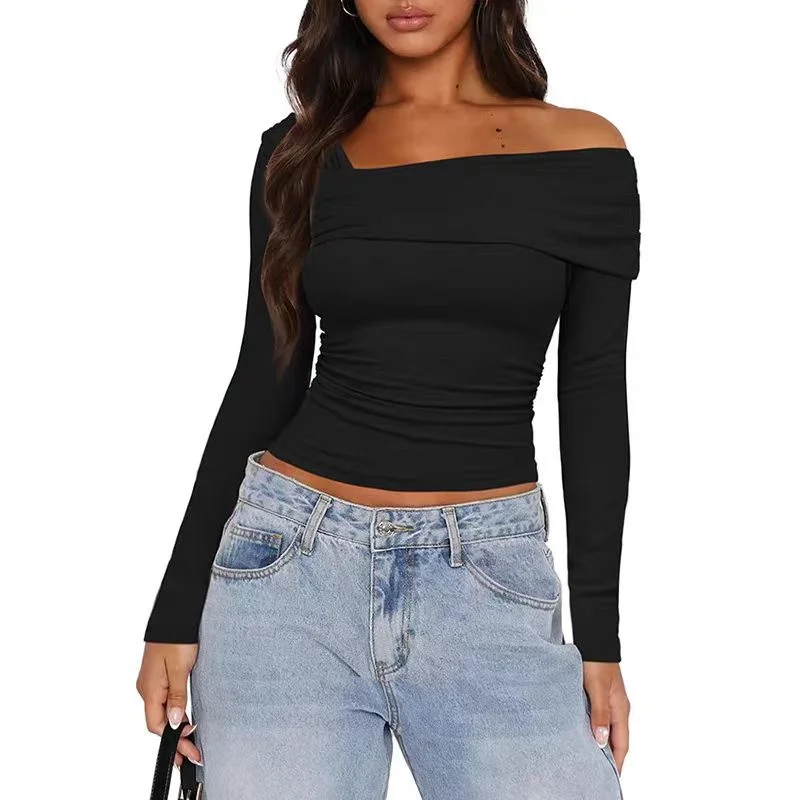 Women Basic Solid Color Slash Off Shoulder Full Sleeve Sexy Slim Top Shrunk Soft T-Shirt Casual Autumn Versatile Street Top