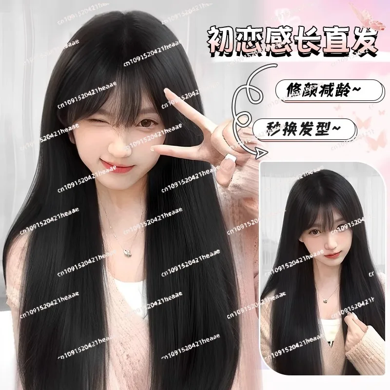 

Suitable for wig female black long straight bangs can tie ponytail medium and long student square face simulation full headgear
