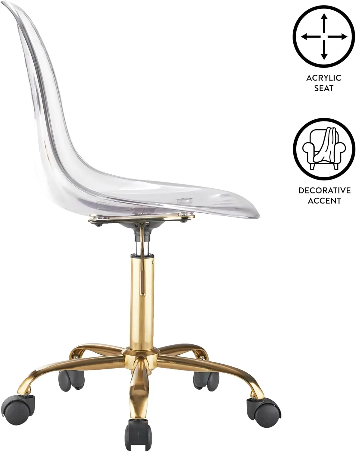 Acrylic Rolling Chair, 21.25D x 19.68W x 34H Inch, Clear with Gold Base